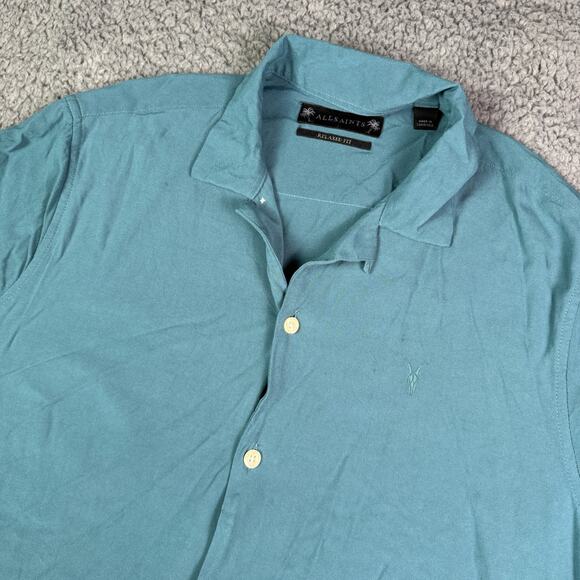 Allsaints Hawaiian Shirt Mens Large Blue Venice Camp Loop Collar Viscose - Picture 1 of 11